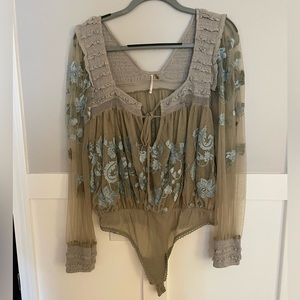 NWOT- Free People Sheer Bodysuit with Embroidered Flowers